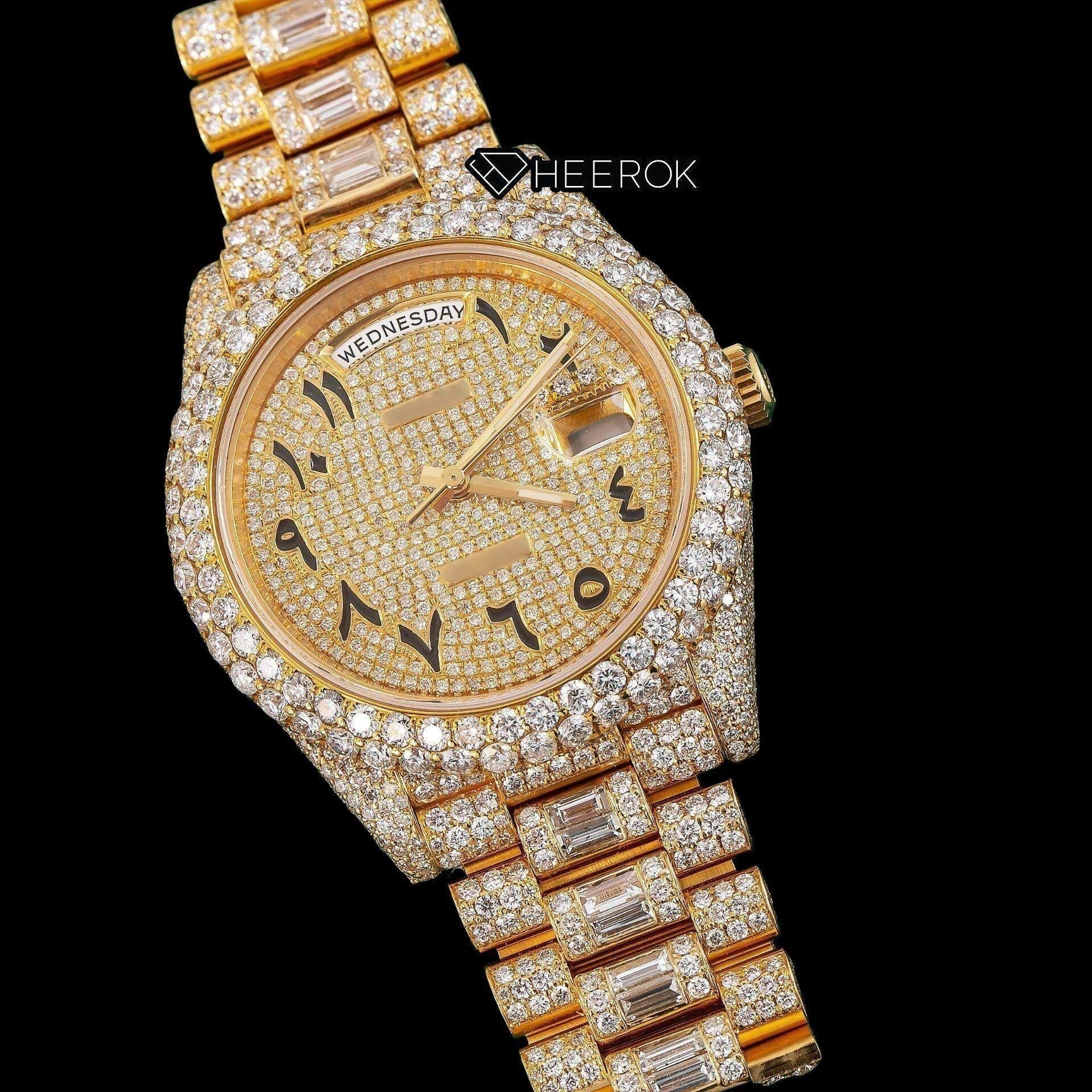 Rolex Day-Date Yellow Gold Dial Arabic Numerals Diamond Bezel Yellow Gold Fully Iced Moissanite Diamond President Bracelet