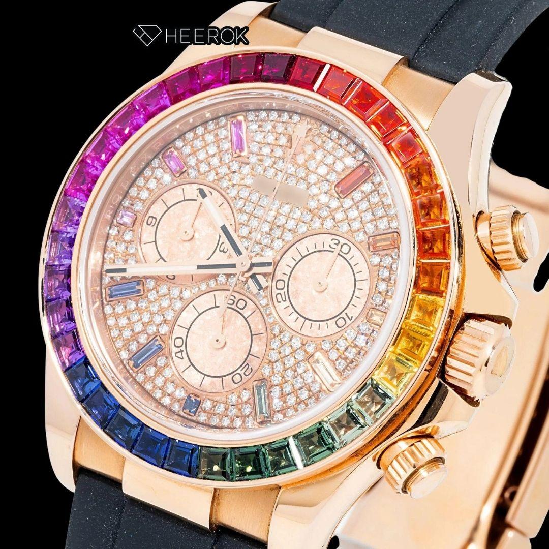 Rolex Daytona Chronograph Yellow Gold Dial Multicolor Diamond Stick Markers Rainbow Diamond Bezel Moissanite Diamond Black Rubber Strap Watch