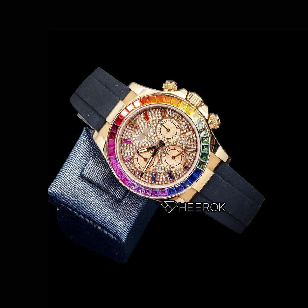 Rolex Daytona Chronograph Yellow Gold Dial Multicolor Diamond Stick Markers Rainbow Diamond Bezel Moissanite Diamond Black Rubber Strap Watch