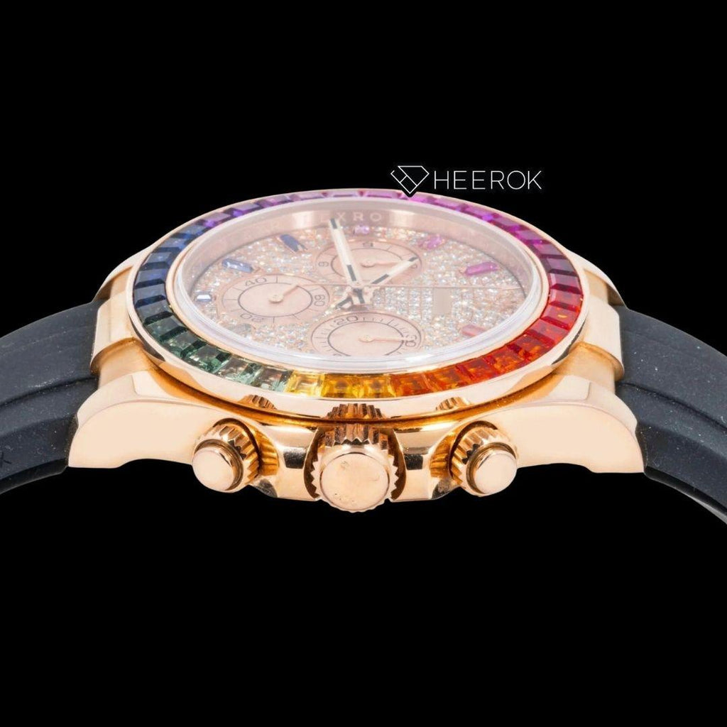 Rolex Daytona Chronograph Yellow Gold Dial Multicolor Diamond Stick Markers Rainbow Diamond Bezel Moissanite Diamond Black Rubber Strap Watch