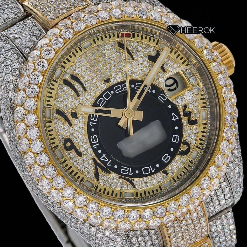 Rolex Sky-Dweller Black Arabic Dial Diamond Bezel Two Tone Yellow Gold Moissanite Diamonds Oyster Bracelet For Women