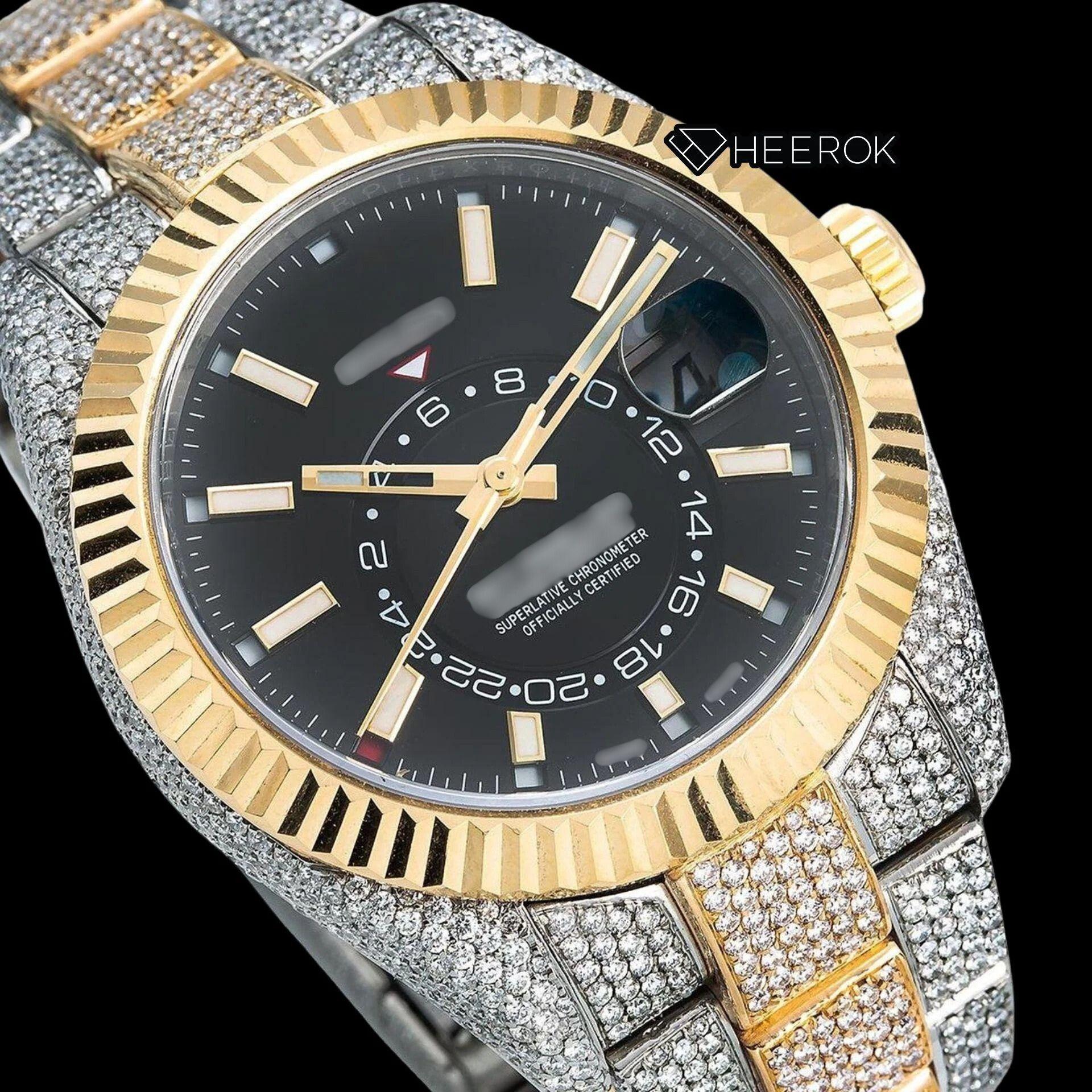 Rolex Sky-Dweller Black Dial Stick Markers Fluted Bezel Two Tone Yellow Gold Fully Iced Moissanite Diamond Oyster Bracelet Watch