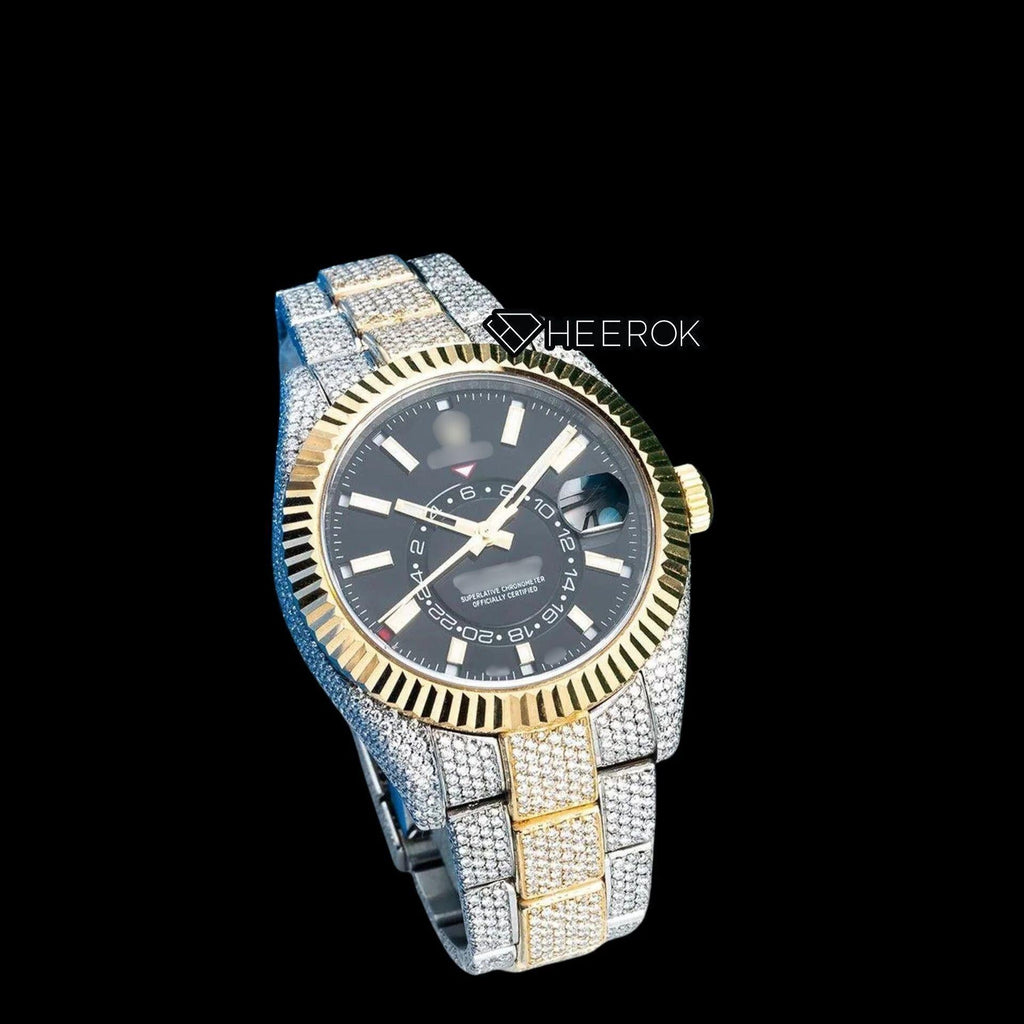 Rolex Sky-Dweller Black Dial Stick Markers Fluted Bezel Two Tone Yellow Gold Fully Iced Moissanite Diamond Oyster Bracelet Watch