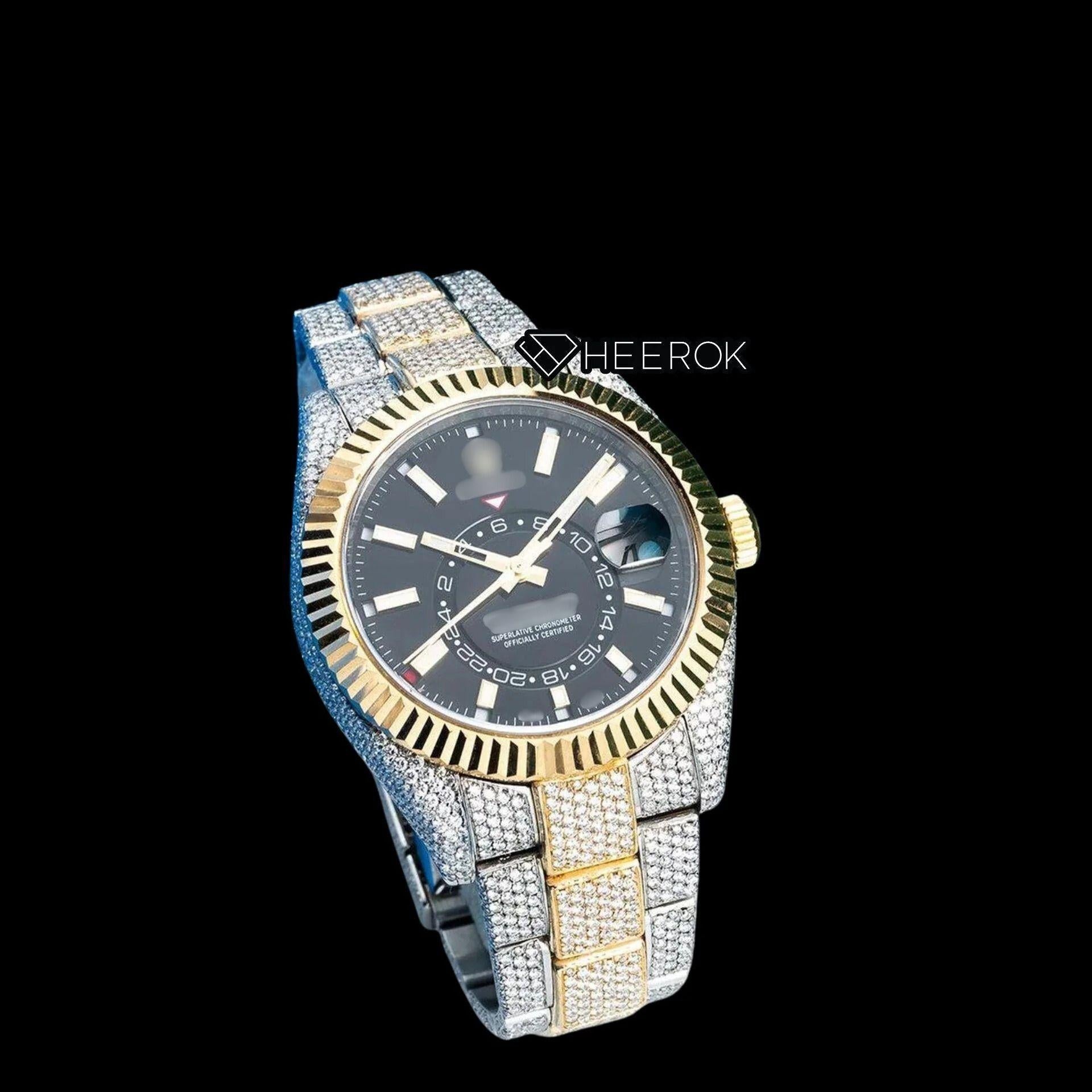 Rolex Sky-Dweller Black Dial Stick Markers Fluted Bezel Two Tone Yellow Gold Fully Iced Moissanite Diamond Oyster Bracelet Watch