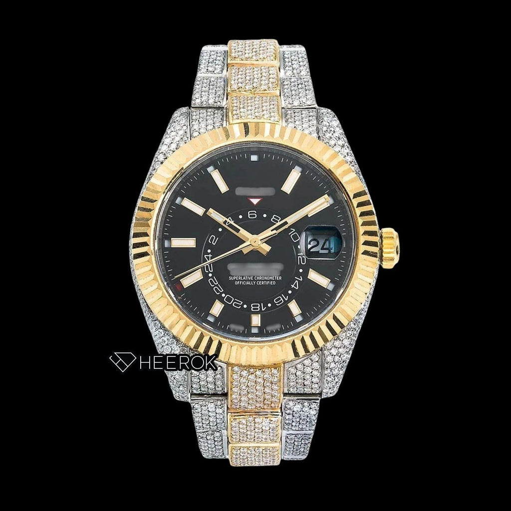 Rolex Sky-Dweller Black Dial Stick Markers Fluted Bezel Two Tone Yellow Gold Fully Iced Moissanite Diamond Oyster Bracelet Watch