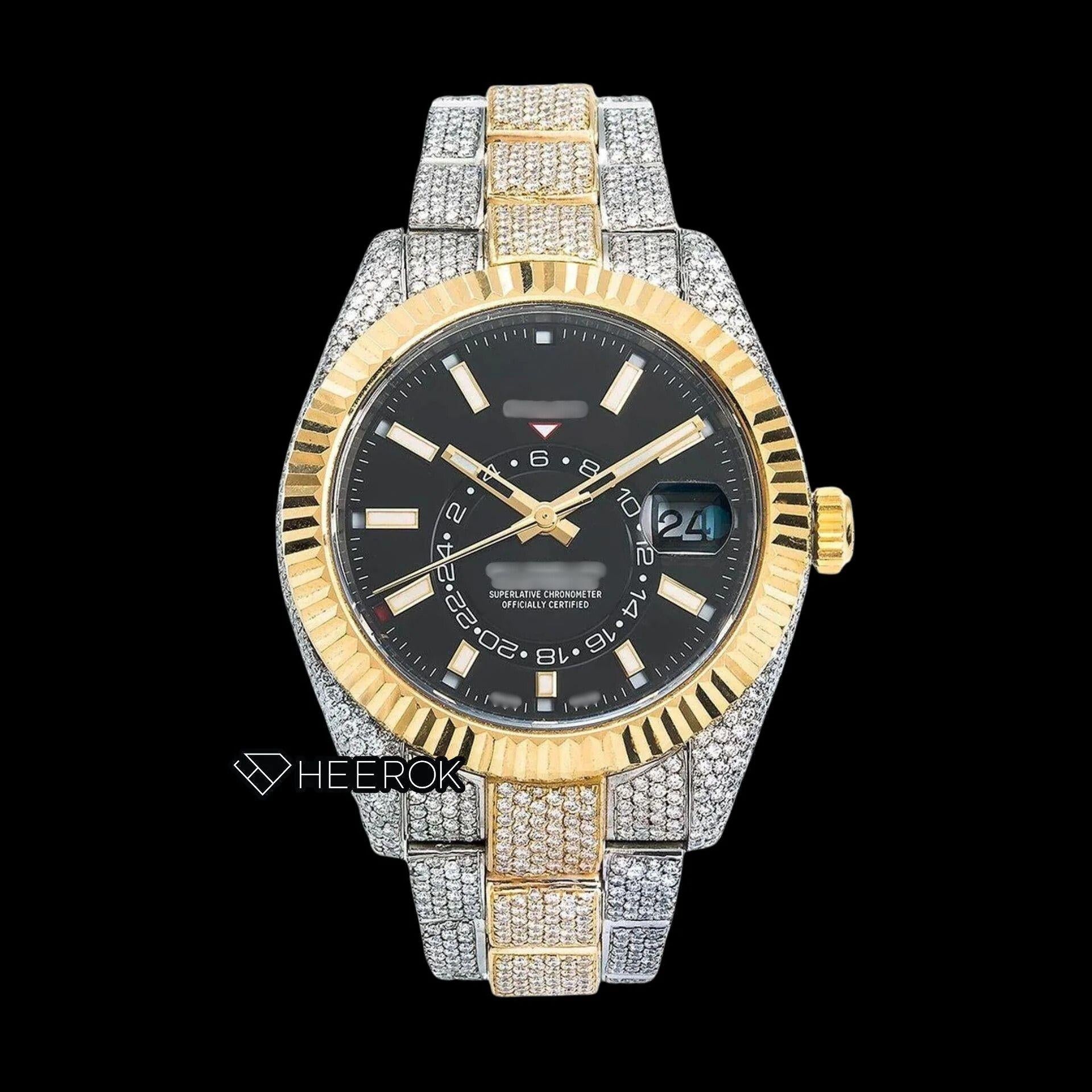 Rolex Sky-Dweller Black Dial Stick Markers Fluted Bezel Two Tone Yellow Gold Fully Iced Moissanite Diamond Oyster Bracelet Watch