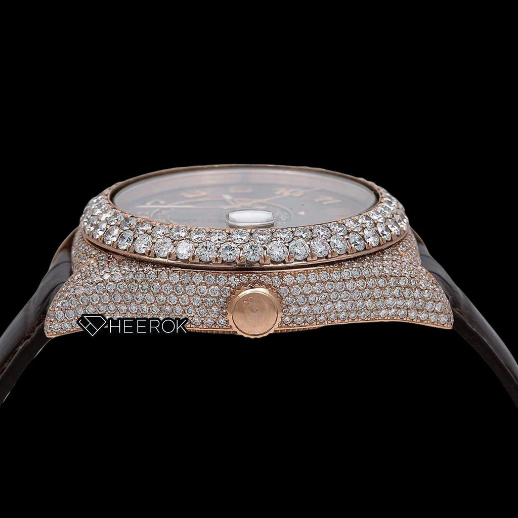 Rolex Sky-Dweller Brown Dial Standard Numerals Diamond Bezel Moissanite Diamond Brown Leather Strap Watch