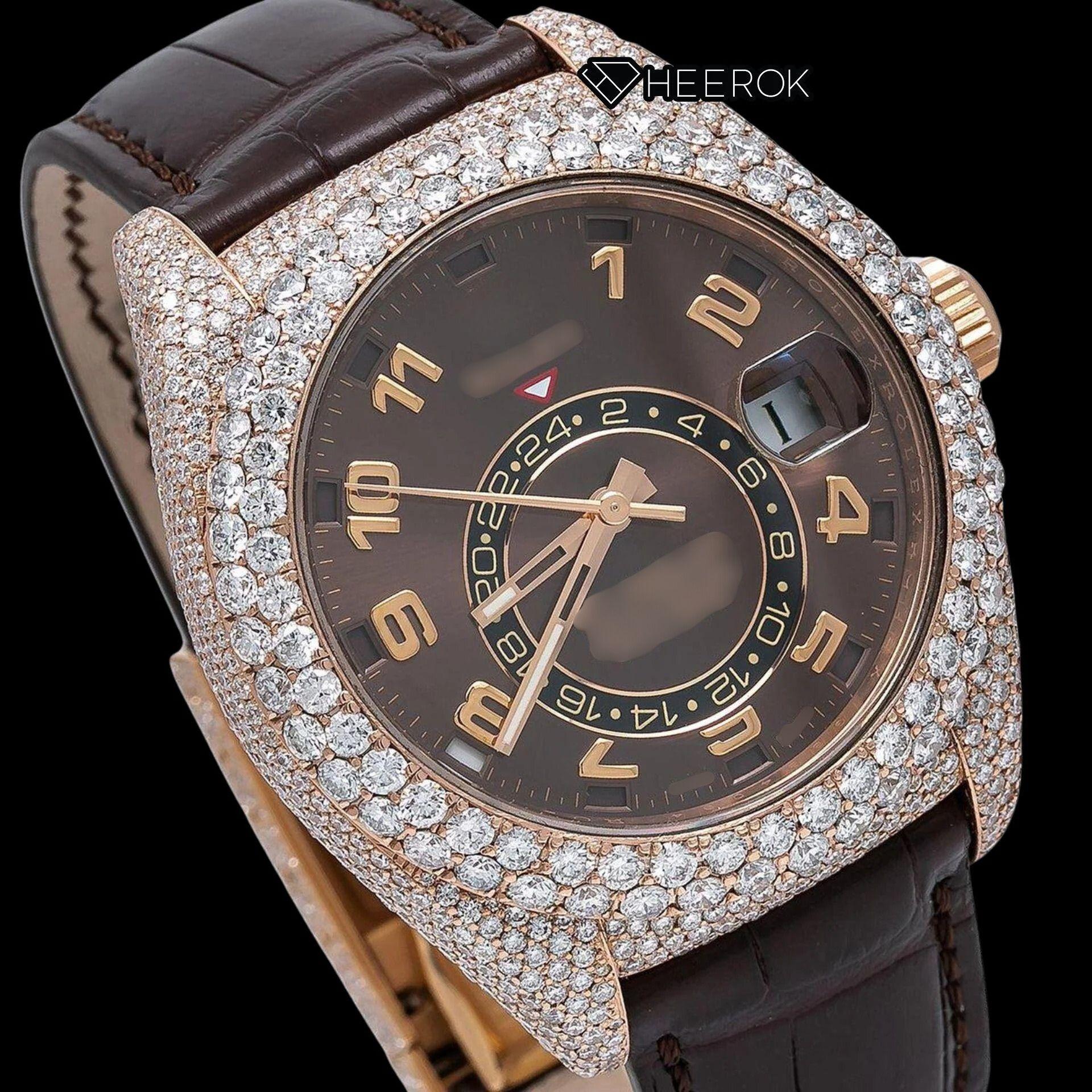 Rolex Sky-Dweller Brown Dial Standard Numerals Diamond Bezel Moissanite Diamond Brown Leather Strap Watch