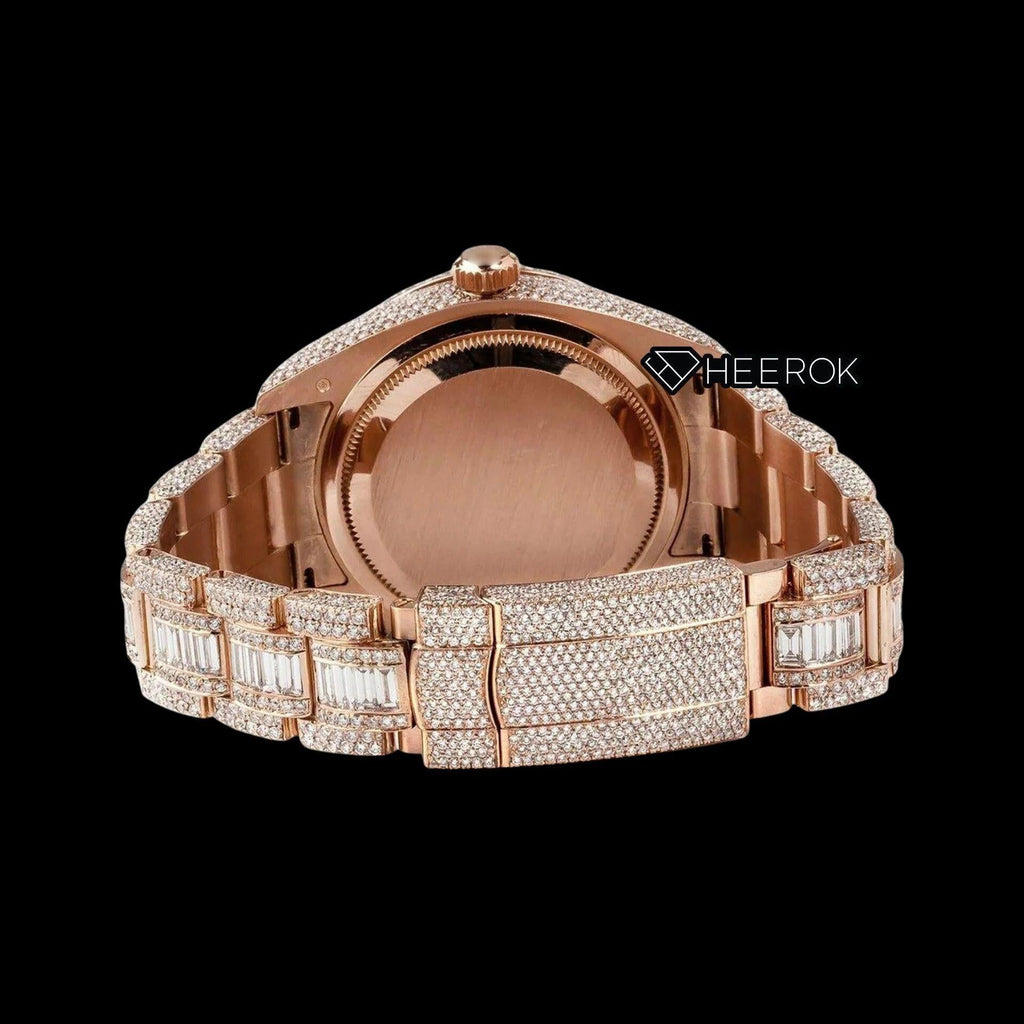 Rolex Sky-Dweller Brown Dial Standard Numerals Diamond Bezel Rose Gold Baguette Moissanite Diamond Oyster Bracelet Watch