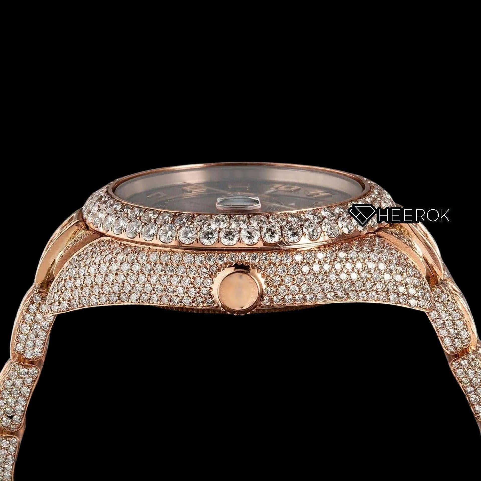 Rolex Sky-Dweller Brown Dial Standard Numerals Diamond Bezel Rose Gold Baguette Moissanite Diamond Oyster Bracelet Watch