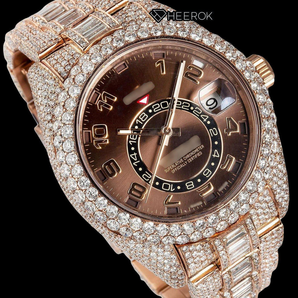 Rolex Sky-Dweller Brown Dial Standard Numerals Diamond Bezel Rose Gold Baguette Moissanite Diamond Oyster Bracelet Watch