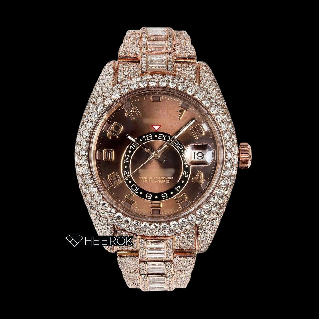 Rolex Sky-Dweller Brown Dial Standard Numerals Diamond Bezel Rose Gold Baguette Moissanite Diamond Oyster Bracelet Watch