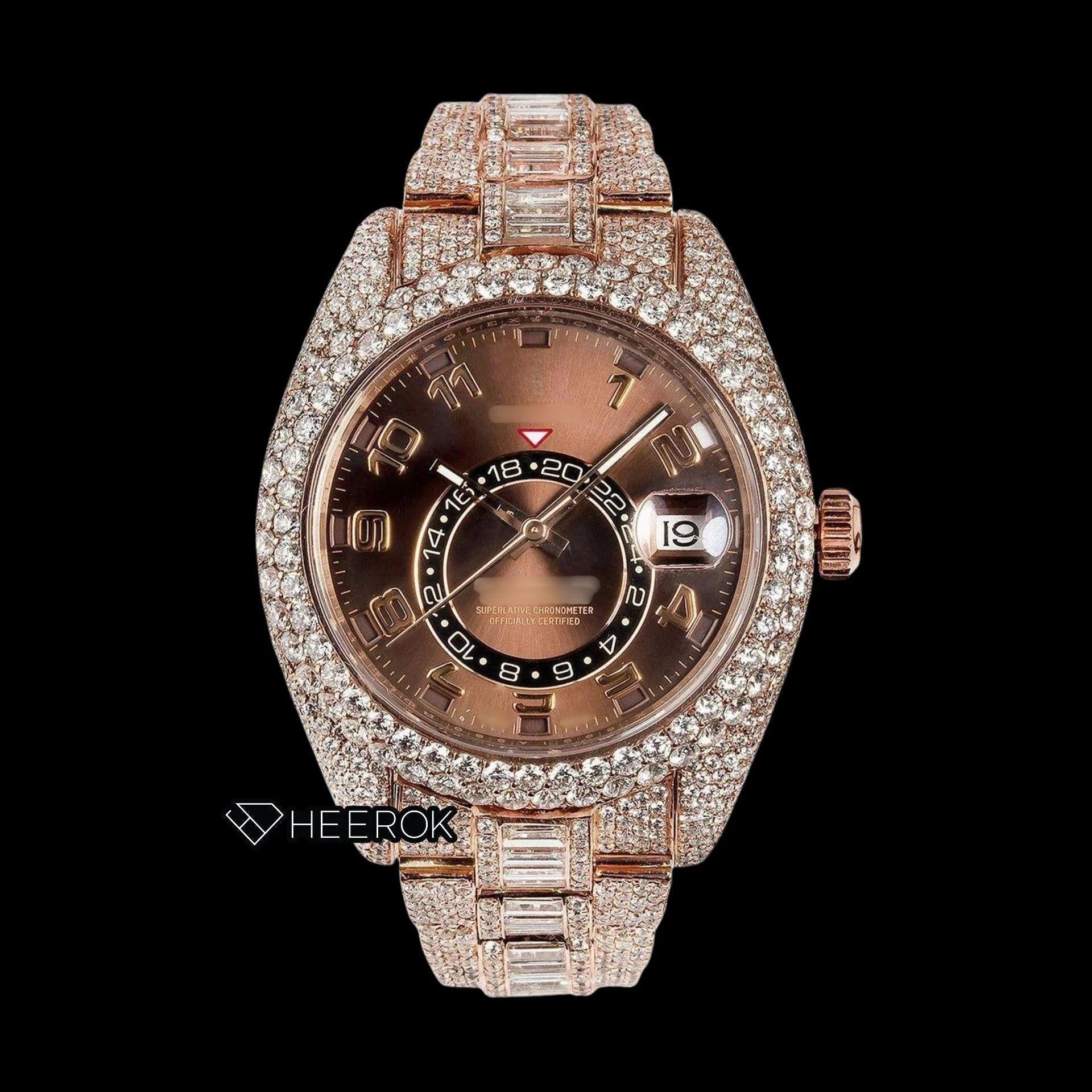 Rolex Sky-Dweller Brown Dial Standard Numerals Diamond Bezel Rose Gold Baguette Moissanite Diamond Oyster Bracelet Watch