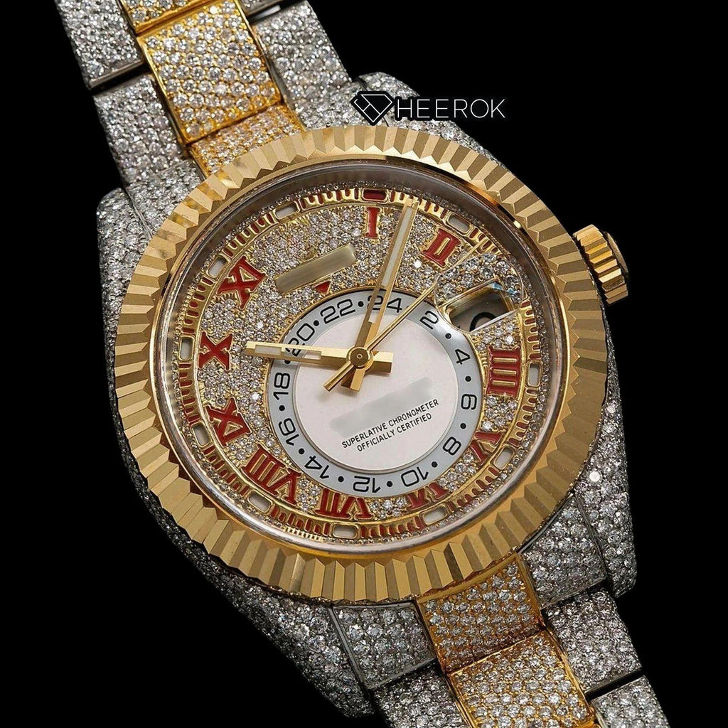 Rolex Sky-Dweller Diamond Paved Yellow Gold Dial Red Roman Numerals Fluted Bezel Two Tone Yellow Gold Fully Iced Moissanite Diamond Oyster Bracelet
