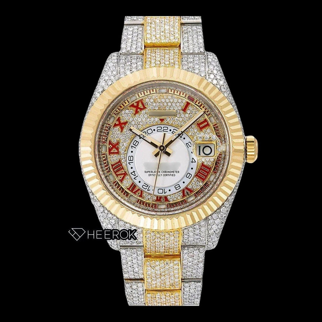 Rolex Sky-Dweller Diamond Paved Yellow Gold Dial Red Roman Numerals Fluted Bezel Two Tone Yellow Gold Fully Iced Moissanite Diamond Oyster Bracelet