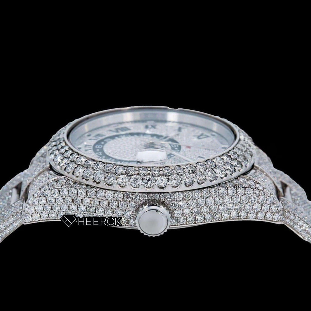 Rolex Sky-Dweller Full Pave Dial Black Roman Numerals Diamond Bezel Fully Iced Moissanite Diamond Oyster Bracelet