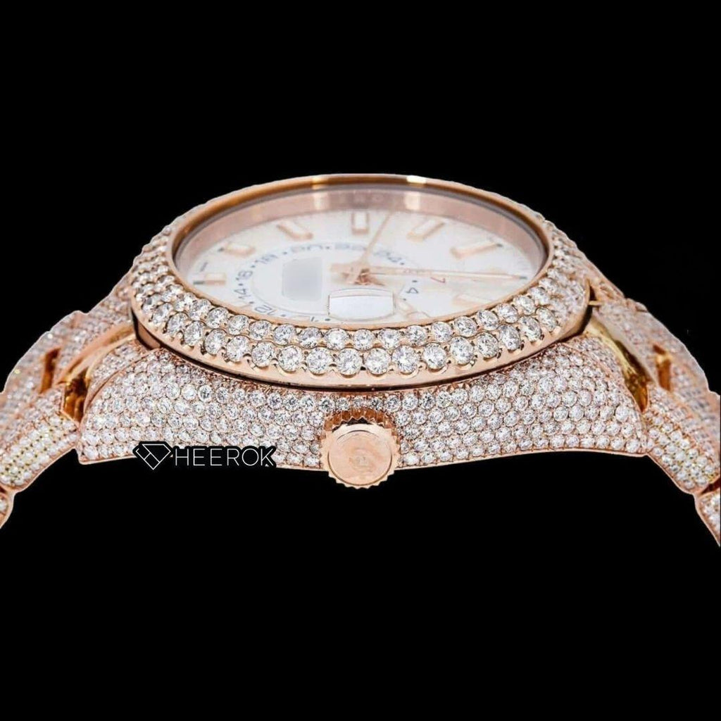Rolex Sky-Dweller White Dial Stick Markers Diamond Bezel Rose Gold Moissanite Diamond Oyster Bracelet