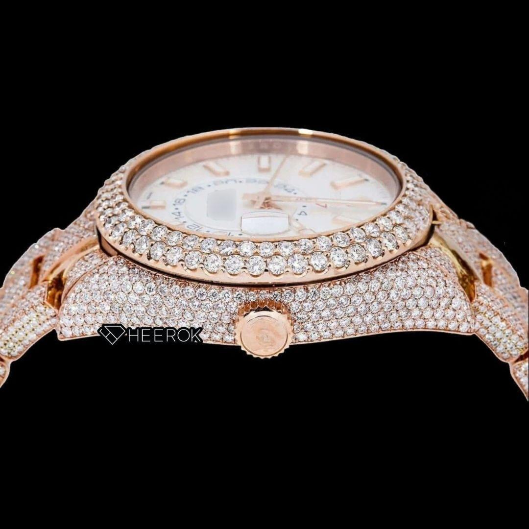 Rolex Sky-Dweller White Dial Stick Markers Diamond Bezel Rose Gold Moissanite Diamond Oyster Bracelet