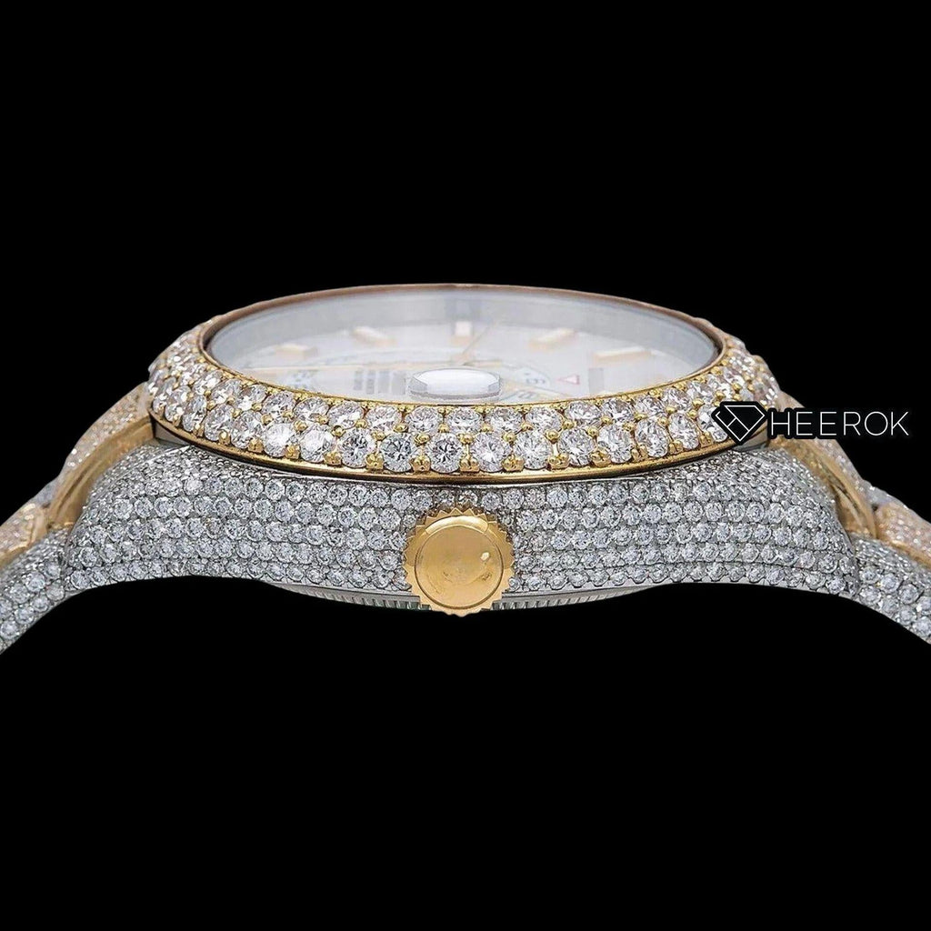 Rolex Sky-Dweller White Dial White Stick Markers Diamond Bezel Two Tone Yellow Gold Fully Iced Moissanite Diamond Oyster Bracelet