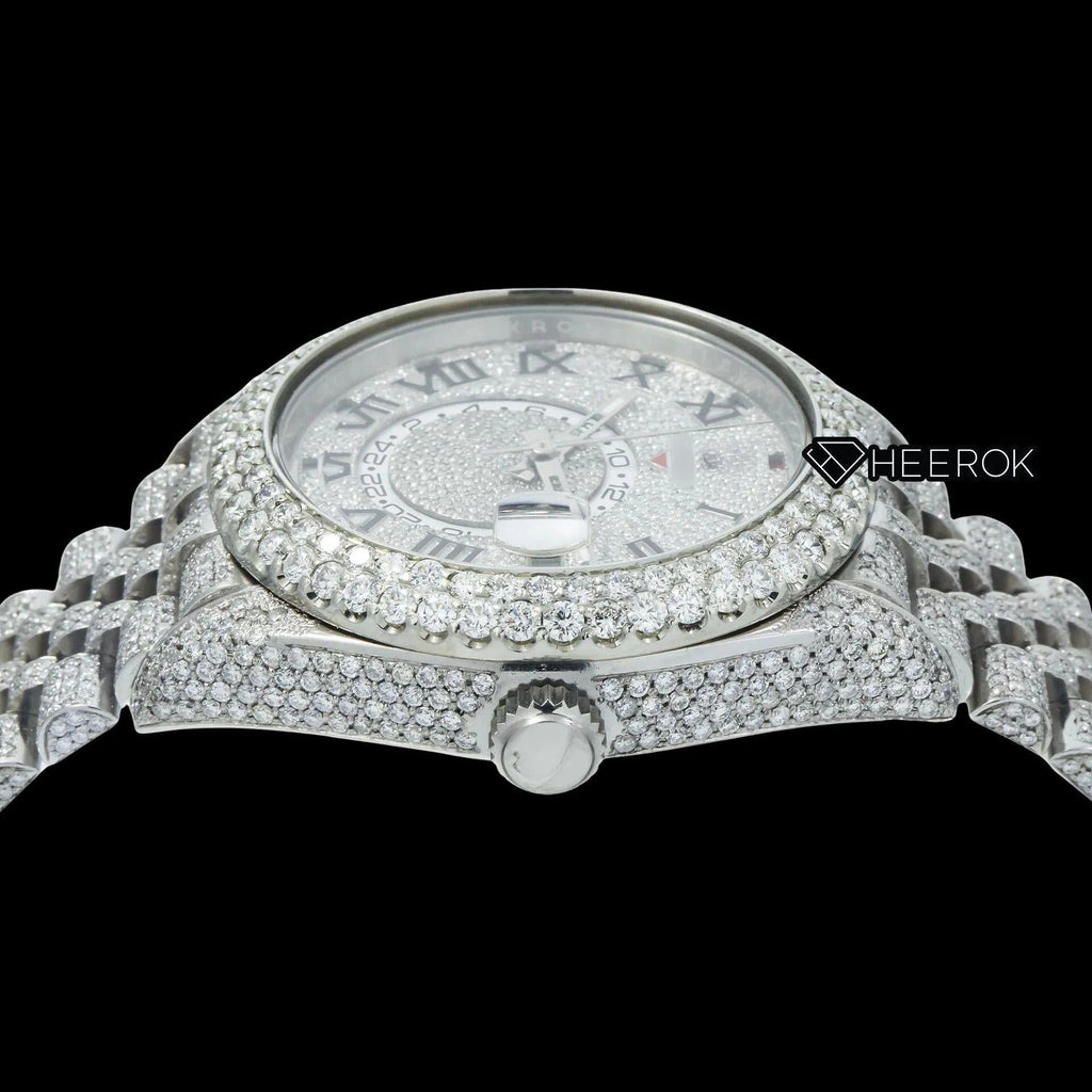 Rolex Sky-Dweller White Paved Dial Roman Numerals Diamond Bezel Bust Down Moissanite Diamond Jubilee Bracelet Watch
