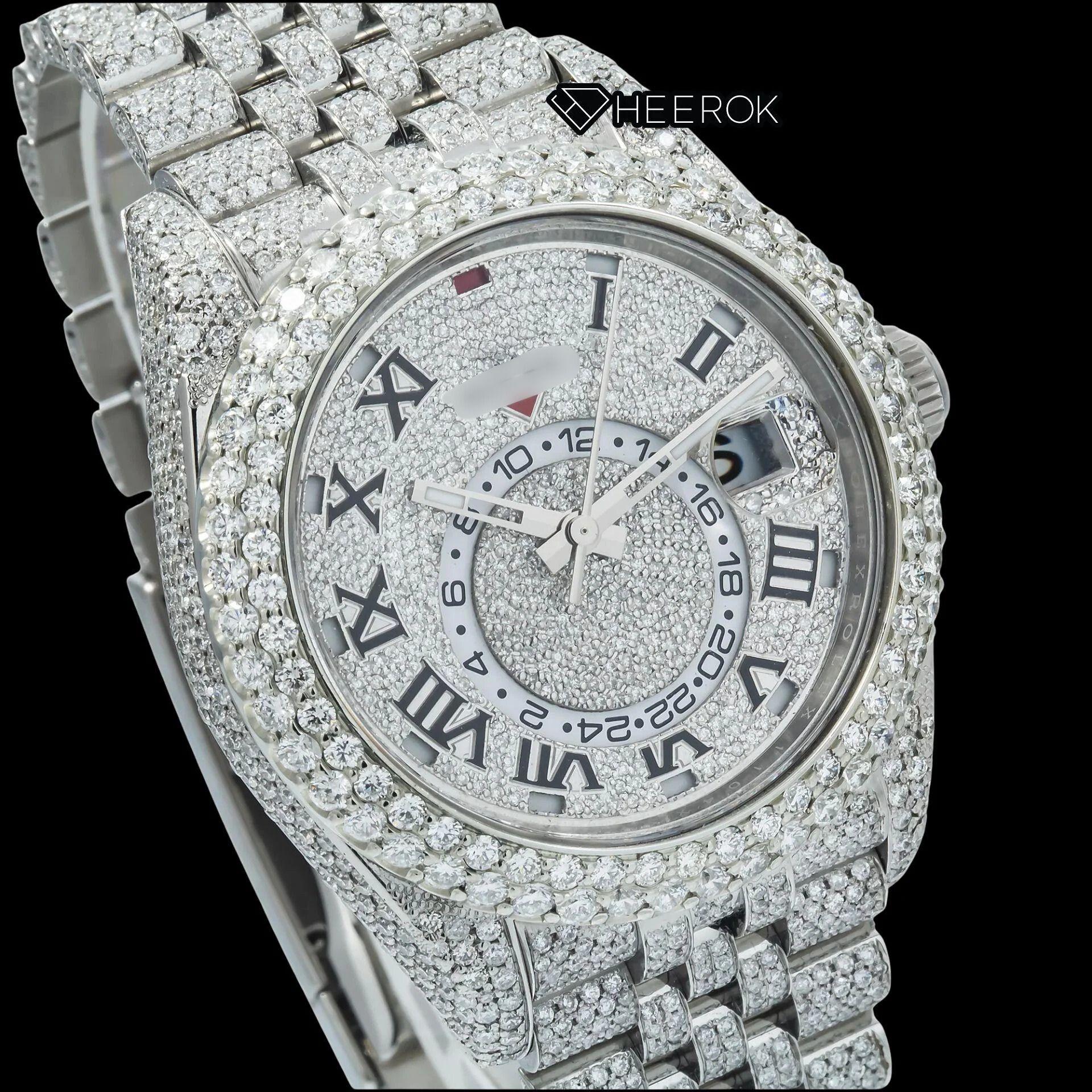 Rolex Sky-Dweller White Paved Dial Roman Numerals Diamond Bezel Bust Down Moissanite Diamond Jubilee Bracelet Watch