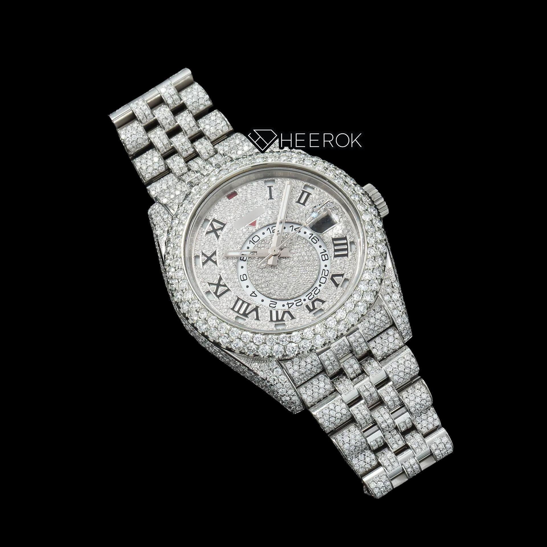 Rolex Sky-Dweller White Paved Dial Roman Numerals Diamond Bezel Bust Down Moissanite Diamond Jubilee Bracelet Watch