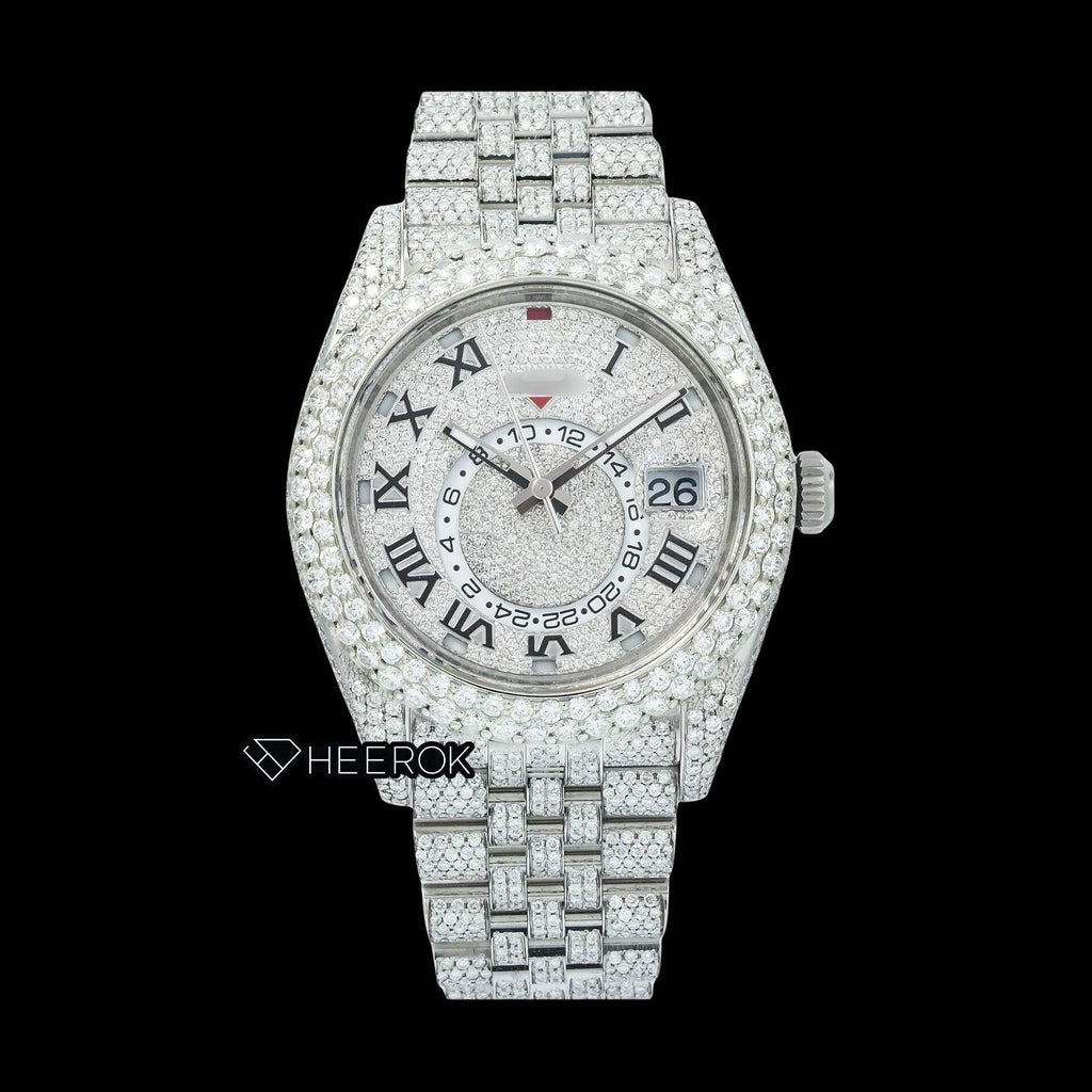 Rolex Sky-Dweller White Paved Dial Roman Numerals Diamond Bezel Bust Down Moissanite Diamond Jubilee Bracelet Watch