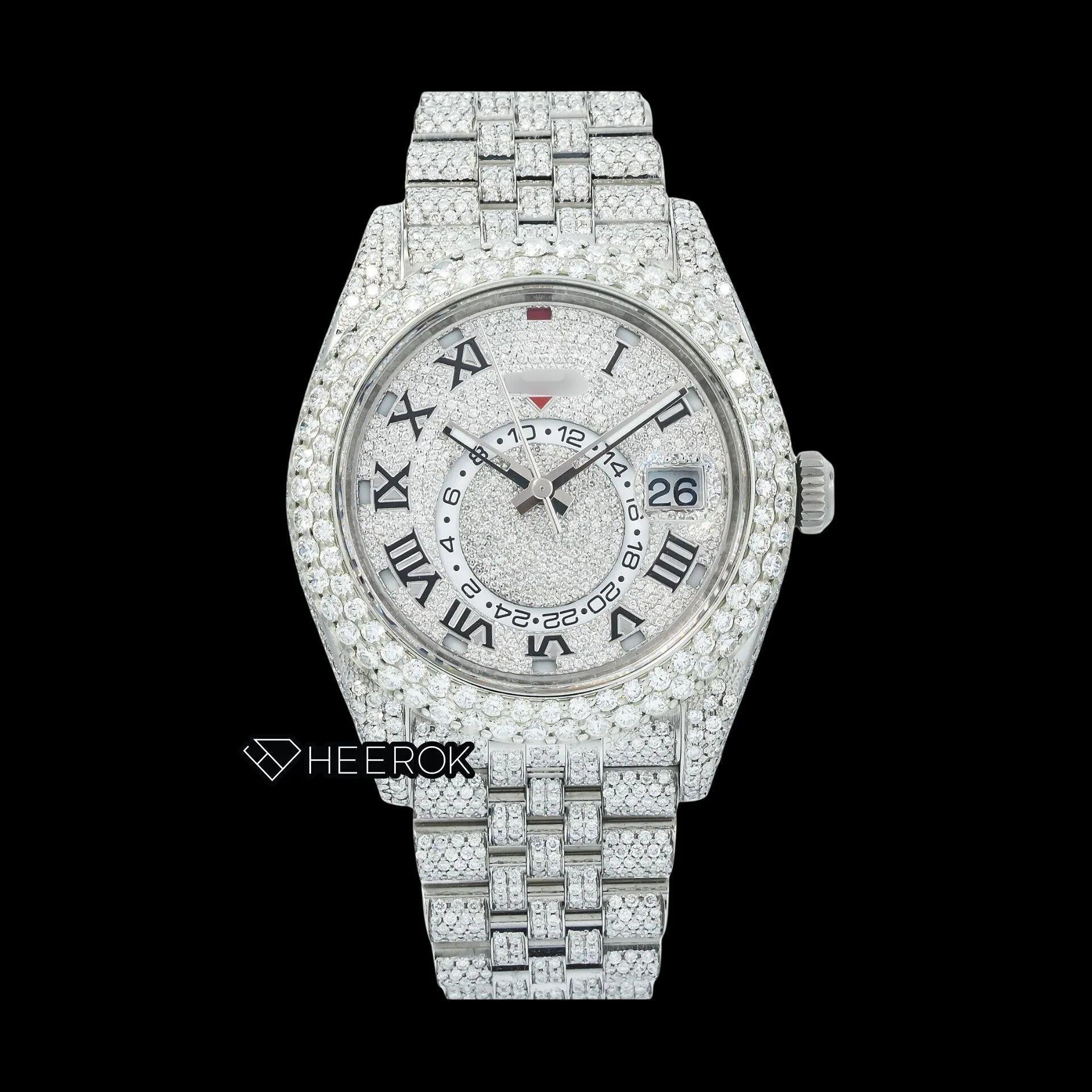 Rolex Sky-Dweller White Paved Dial Roman Numerals Diamond Bezel Bust Down Moissanite Diamond Jubilee Bracelet Watch