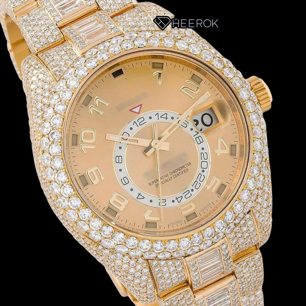 Rolex Sky-Dweller Yellow Dial Standard Numerals Diamond Bezel Yellow Gold Fully Iced Baguette Moissanite Diamond Oyster Bracelet Watch