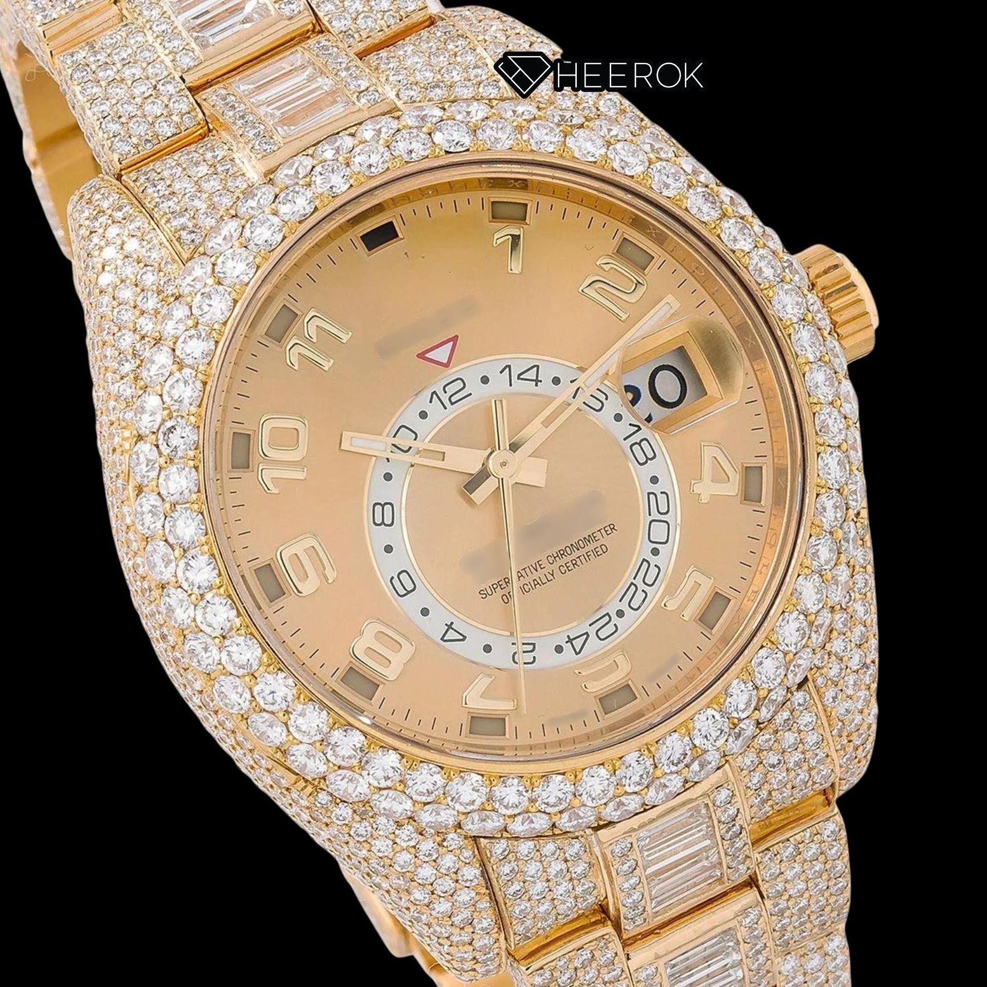 Rolex Sky-Dweller Yellow Dial Standard Numerals Diamond Bezel Yellow Gold Fully Iced Baguette Moissanite Diamond Oyster Bracelet Watch