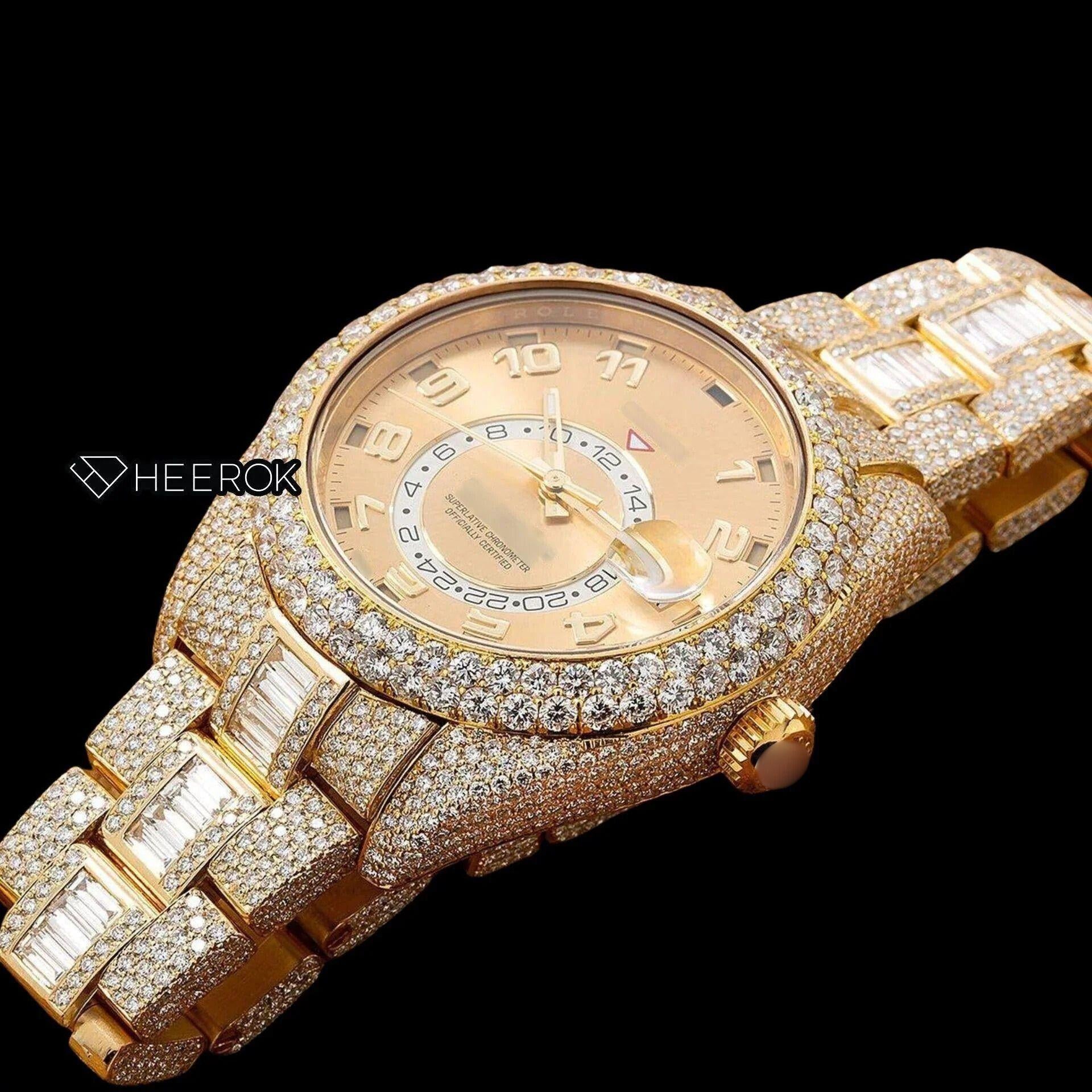 Rolex Sky-Dweller Yellow Dial Standard Numerals Diamond Bezel Yellow Gold Fully Iced Baguette Moissanite Diamond Oyster Bracelet Watch