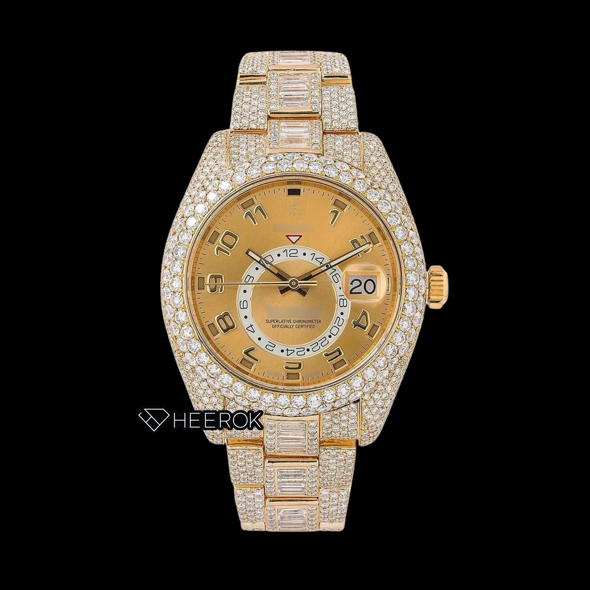 Rolex Sky-Dweller Yellow Dial Standard Numerals Diamond Bezel Yellow Gold Fully Iced Baguette Moissanite Diamond Oyster Bracelet Watch