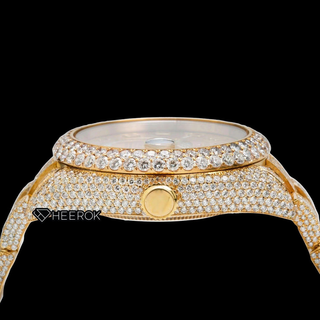 Rolex Sky-Dweller Yellow Dial Standard Numerals Diamond Bezel Yellow Gold Fully Iced Moissanite Diamond Oyster Bracelet Watch