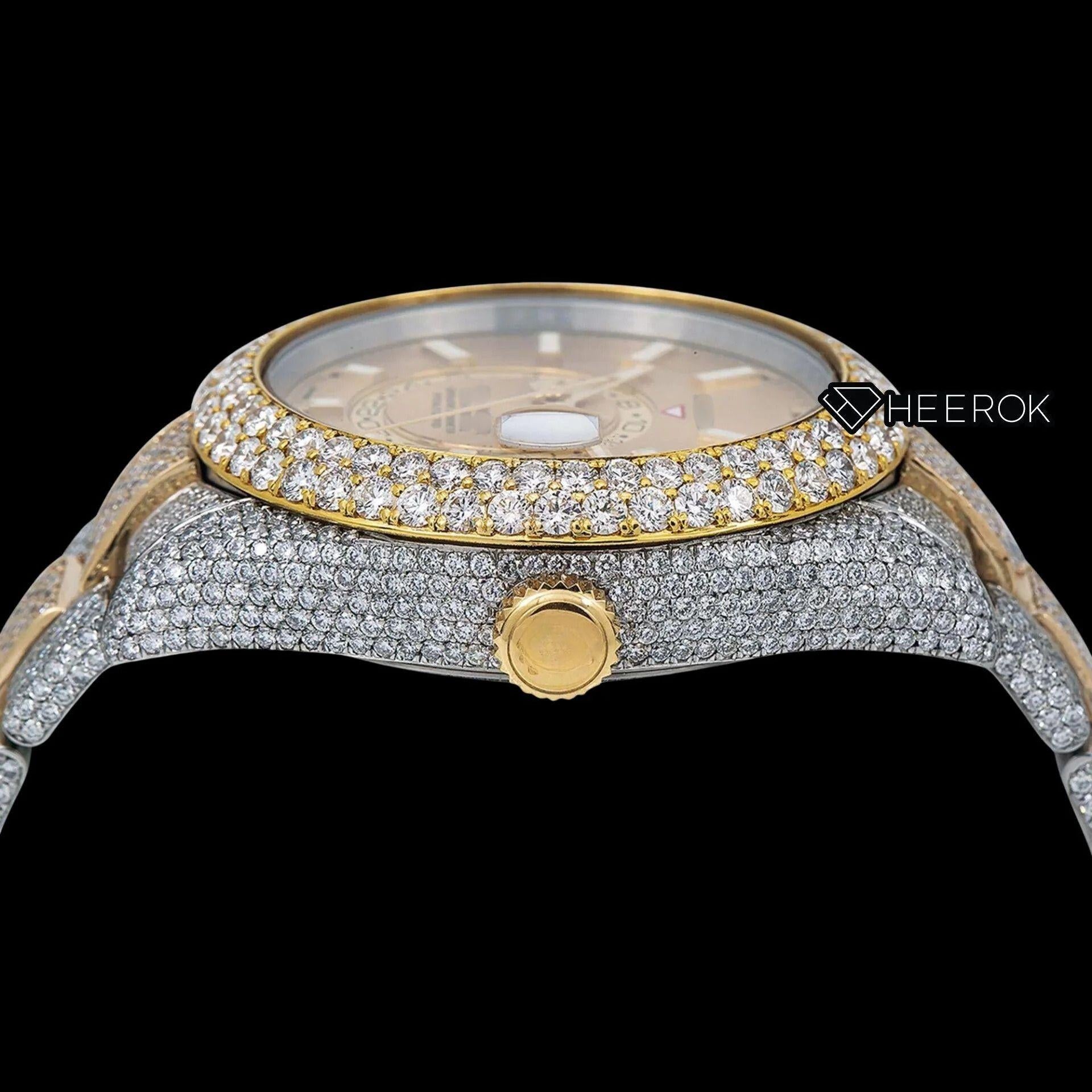 Rolex Sky-Dweller Yellow Dial Stick Markers Diamond Bezel Two Tone Yellow Gold Fully Iced Moissanite Diamond Oyster Bracelet Watch