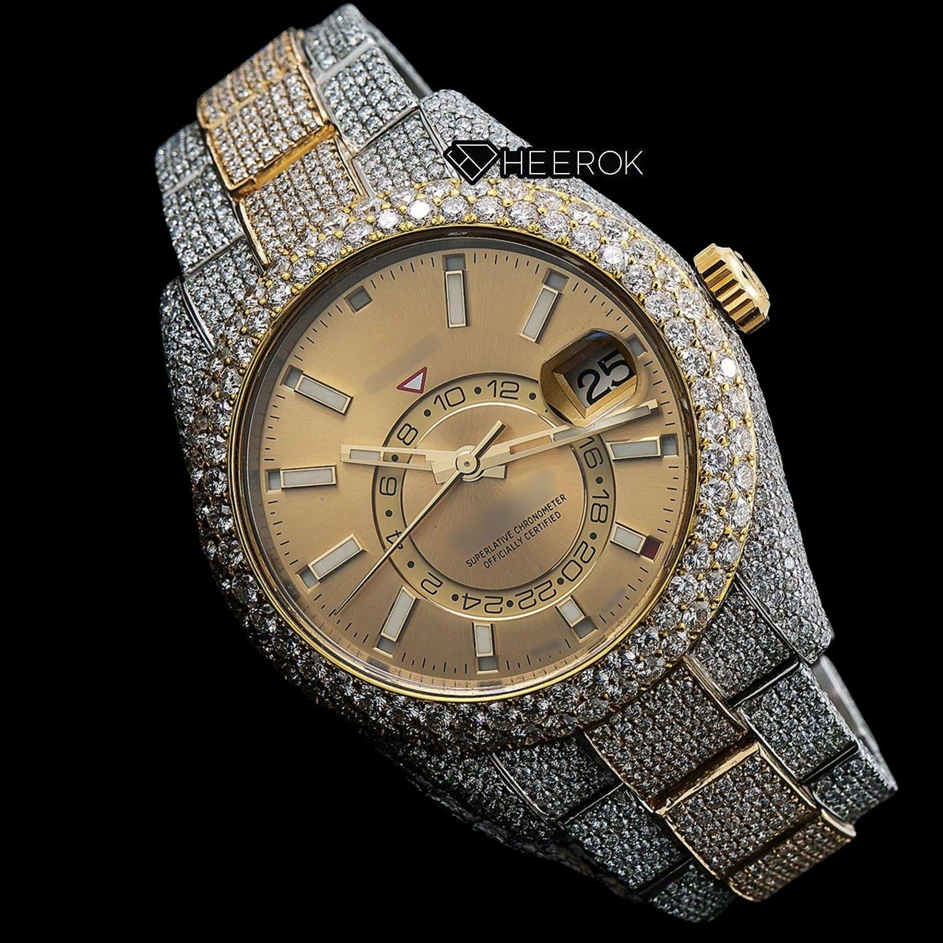 Rolex Sky-Dweller Yellow Dial Stick Markers Diamond Bezel Two Tone Yellow Gold Fully Iced Moissanite Diamond Oyster Bracelet Watch