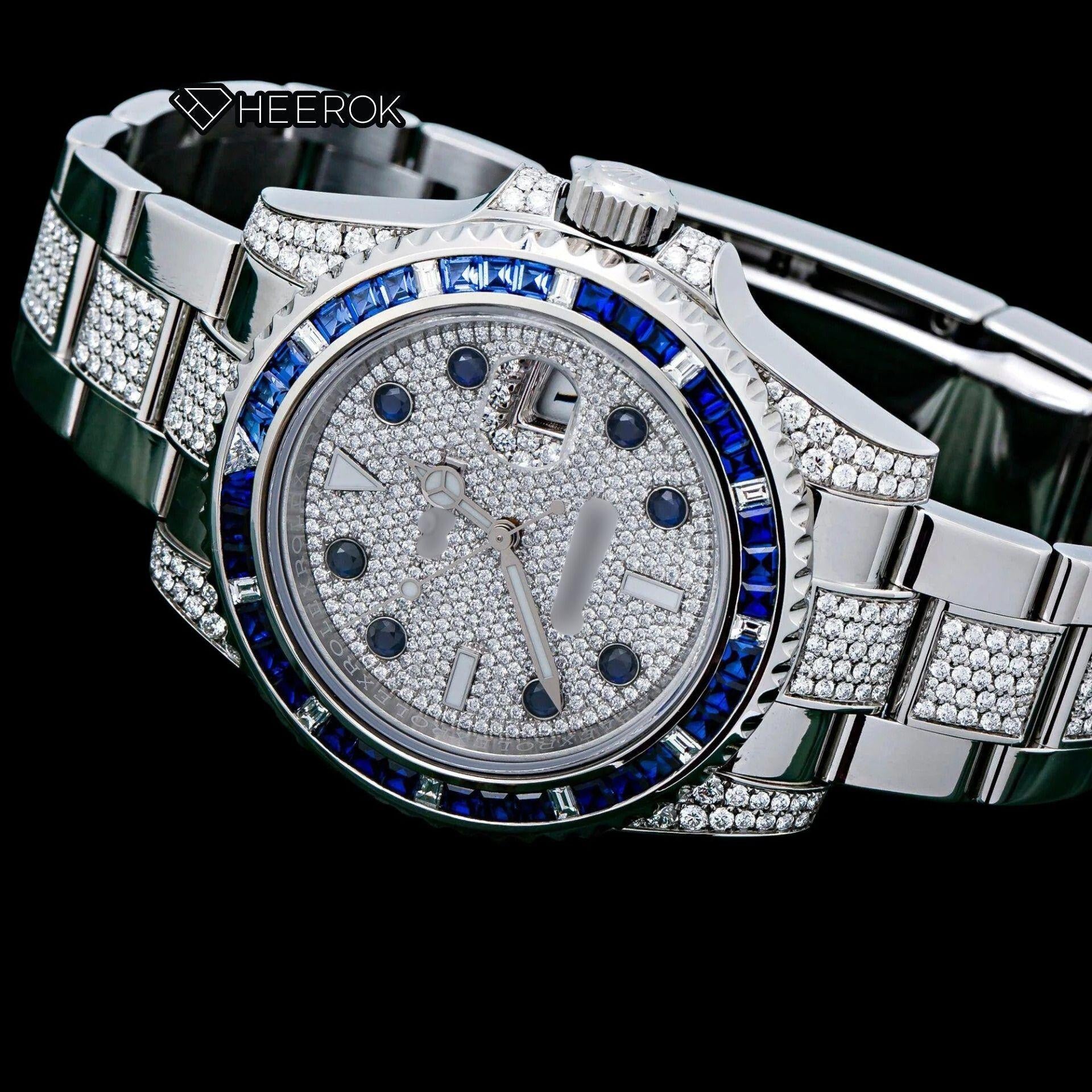 Rolex Submariner Diamond Paved Dial Diamond Markers Diamond Bezel Semi Iced Moissanite Diamond Oyster Bracelet Watch