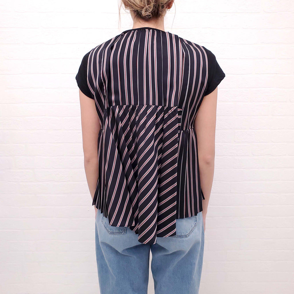 SACAI NAVY T-SHIRT WITH STRIPED BACK - SIZE S