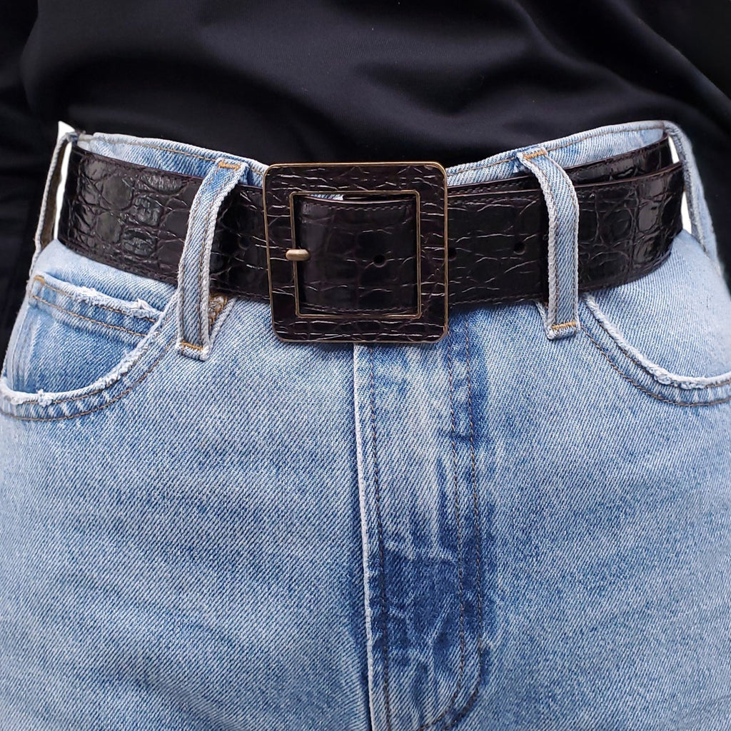 SAINT LAURENT BLACK AND BRONZE CROC EMBOSSED BELT - SIZE 75