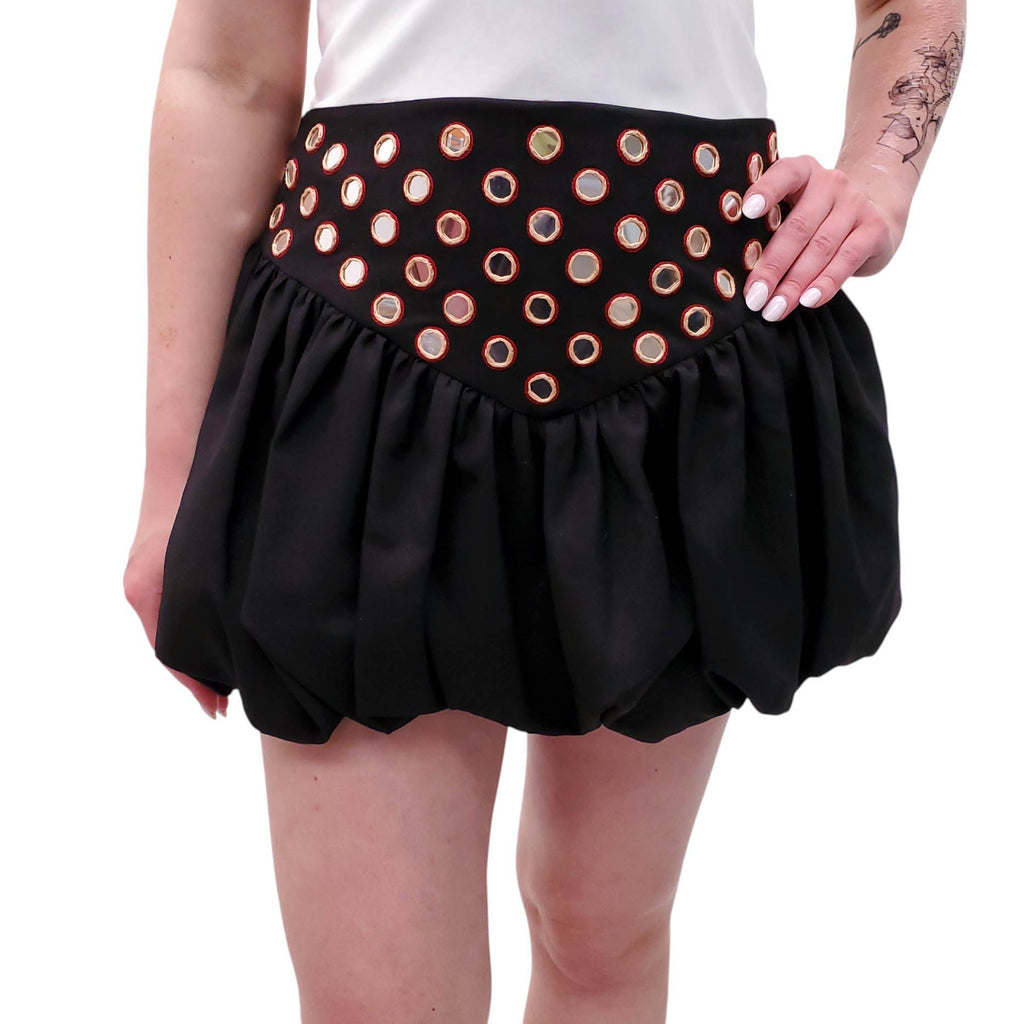 SAINT LAURENT BLACK BUBBLE SKIRT WITH MIRROR GROMMETS - SIZE 38