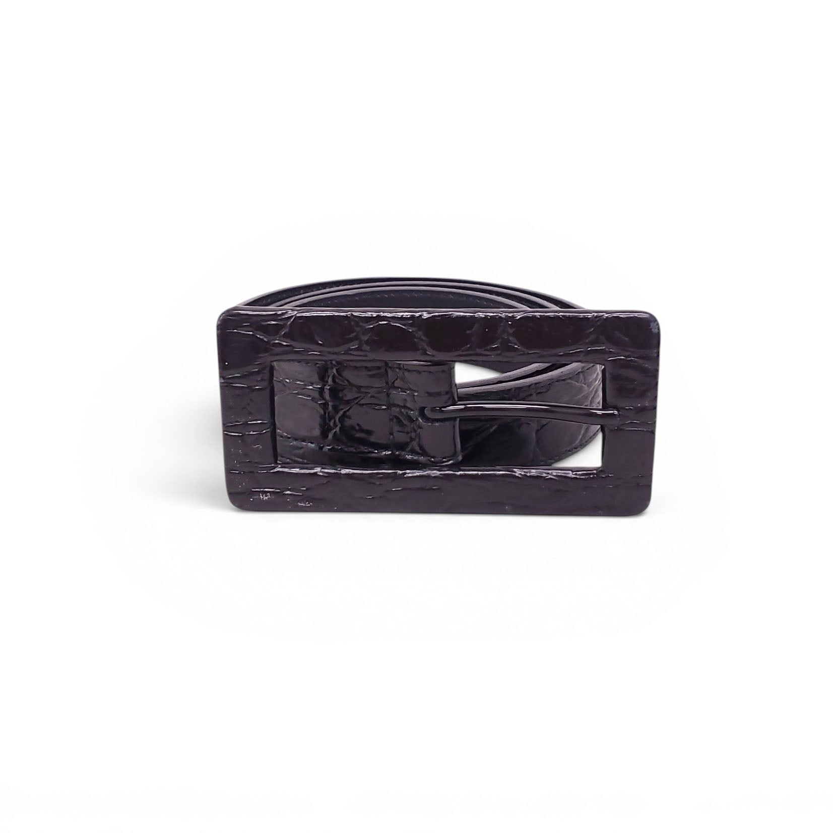 SAINT LAURENT BLACK CROC EMBOSSED BELT - SIZE 75