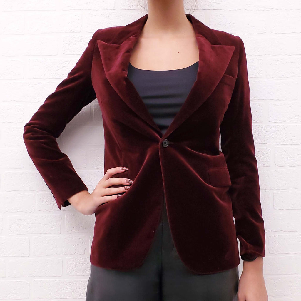 SAINT LAURENT BURGUNDY VELVET BLAZER - SIZE 34