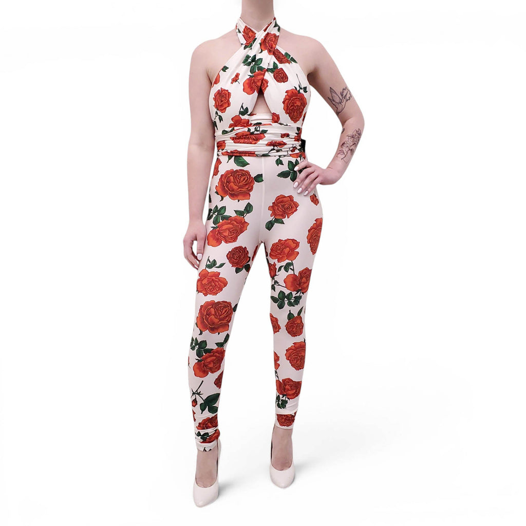 SAINT LAURENT CREAM ROSE PRINT HALTER JUMPSUIT - SIZE 1 (S)
