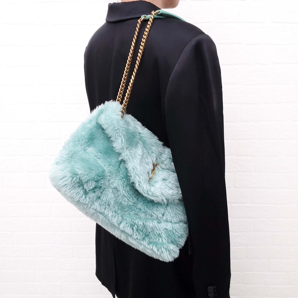 SAINT LAURENT SHEARLING MINT PUFFER BAG