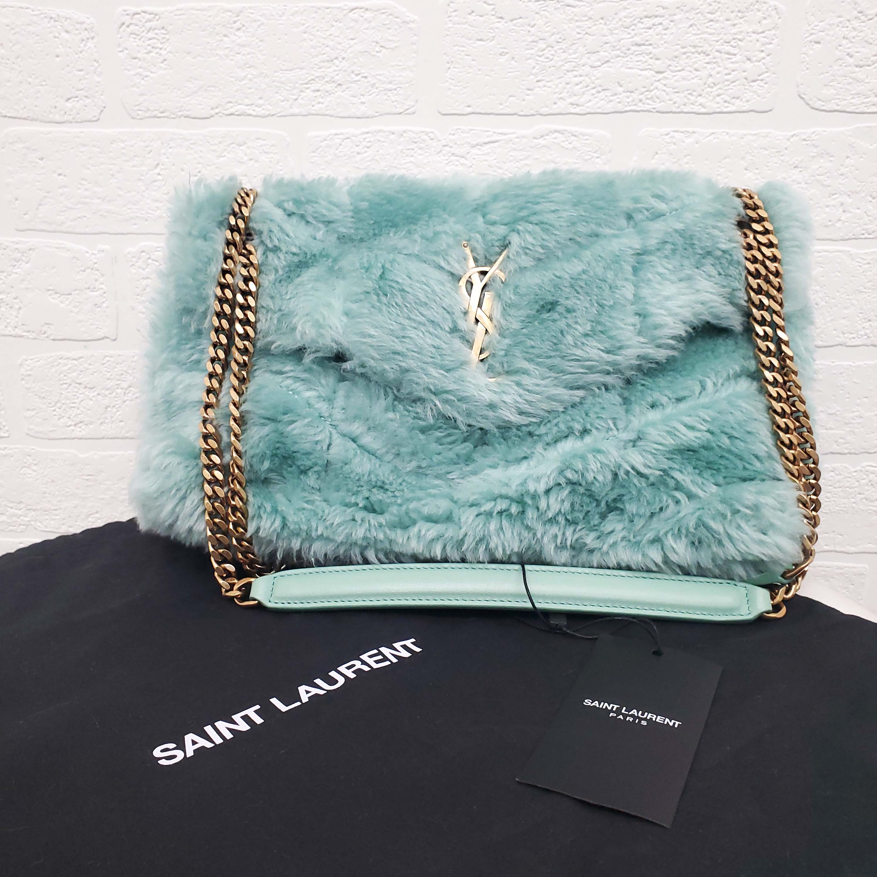 SAINT LAURENT SHEARLING MINT PUFFER BAG