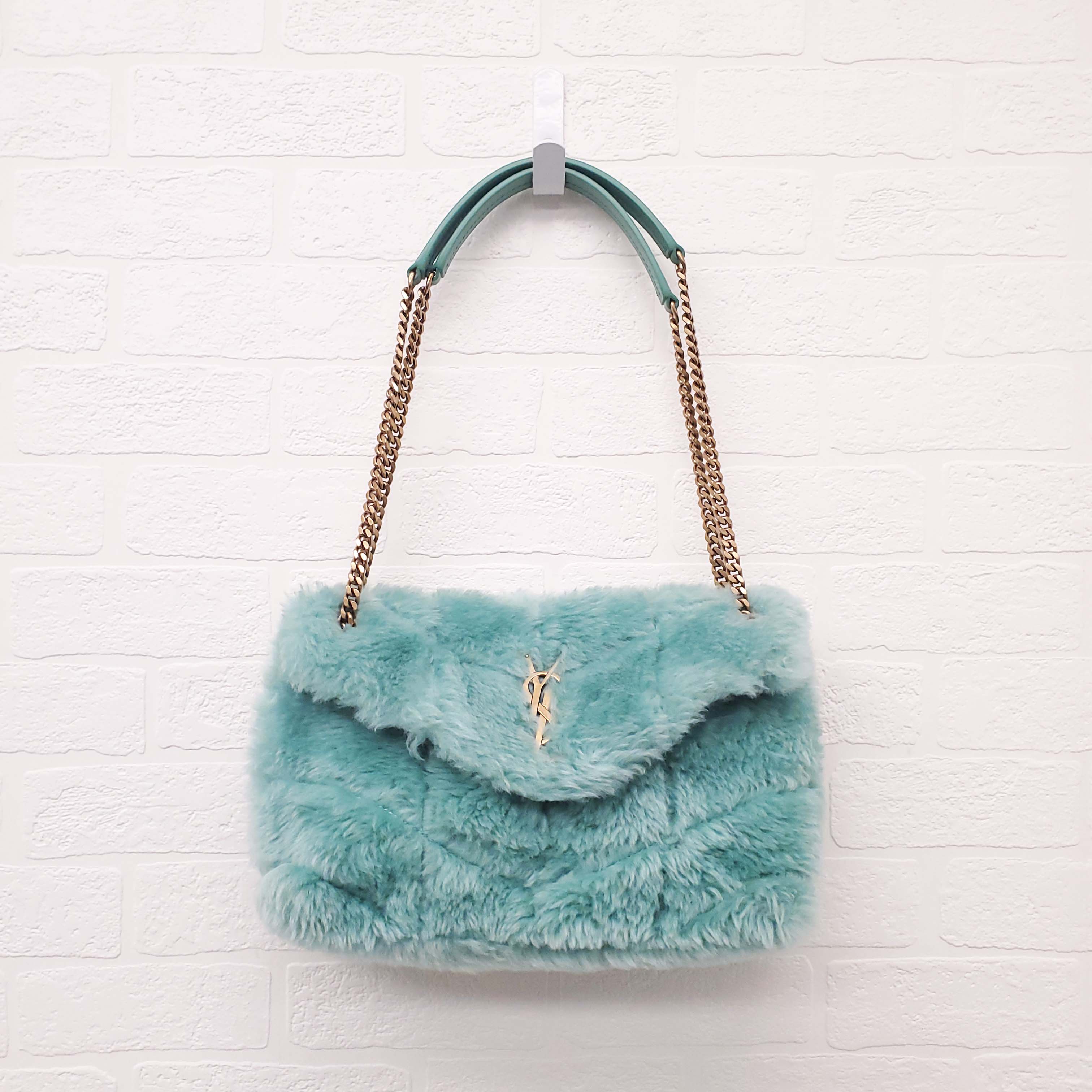 SAINT LAURENT SHEARLING MINT PUFFER BAG