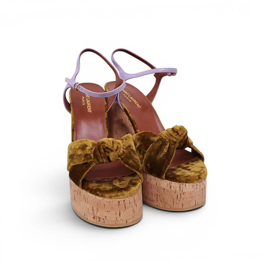 SAINT LAURENT VELVET CORK HEELS WITH PURPLE STRAP - SIZE 39