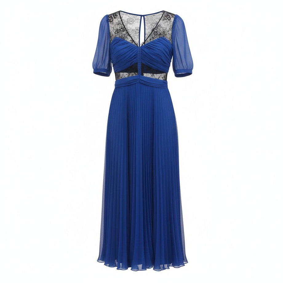 SELF-PORTRAIT ROYAL BLUE PLEATED DRESS WITH LACE - SIZE 10