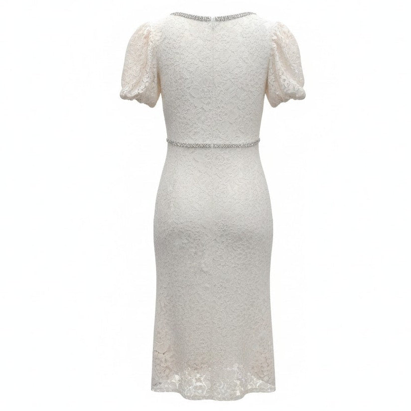 SELF-PORTRAIT WHITE LACE DRESS WITH CRYSTAL BOW DETAIL - SIZE 8