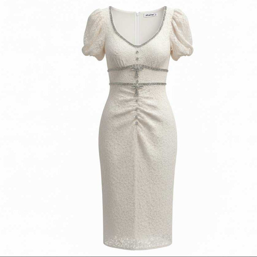 SELF-PORTRAIT WHITE LACE DRESS WITH CRYSTAL BOW DETAIL - SIZE 8