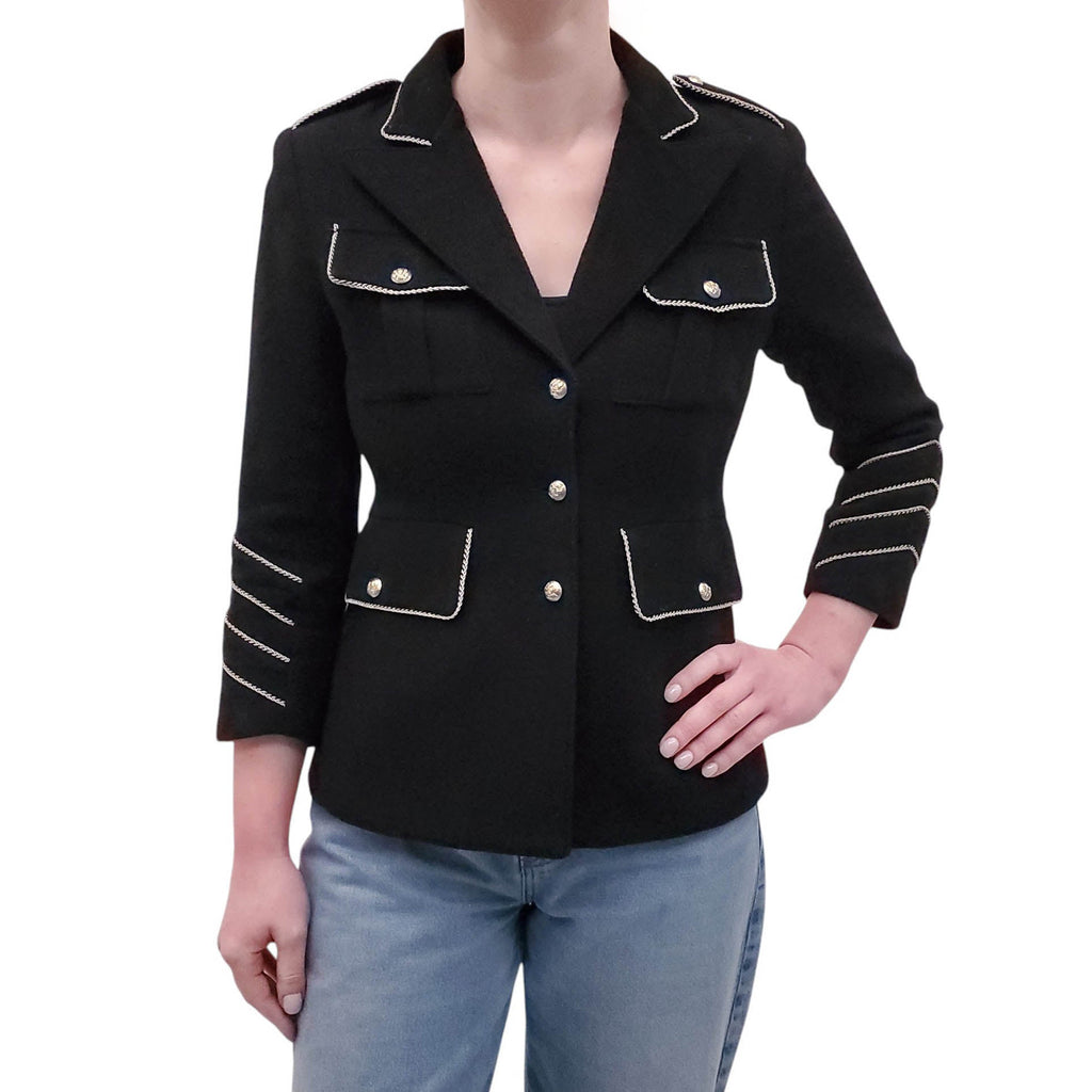 SMYTHE BLACK WOOL JACKET WITH GOLD PIPING DETAIL - SIZE 4